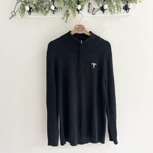 Tesla Sweater Mens Black 1/4 Zip Long Sleeve Knit Embroidered Logo Preppy Size M